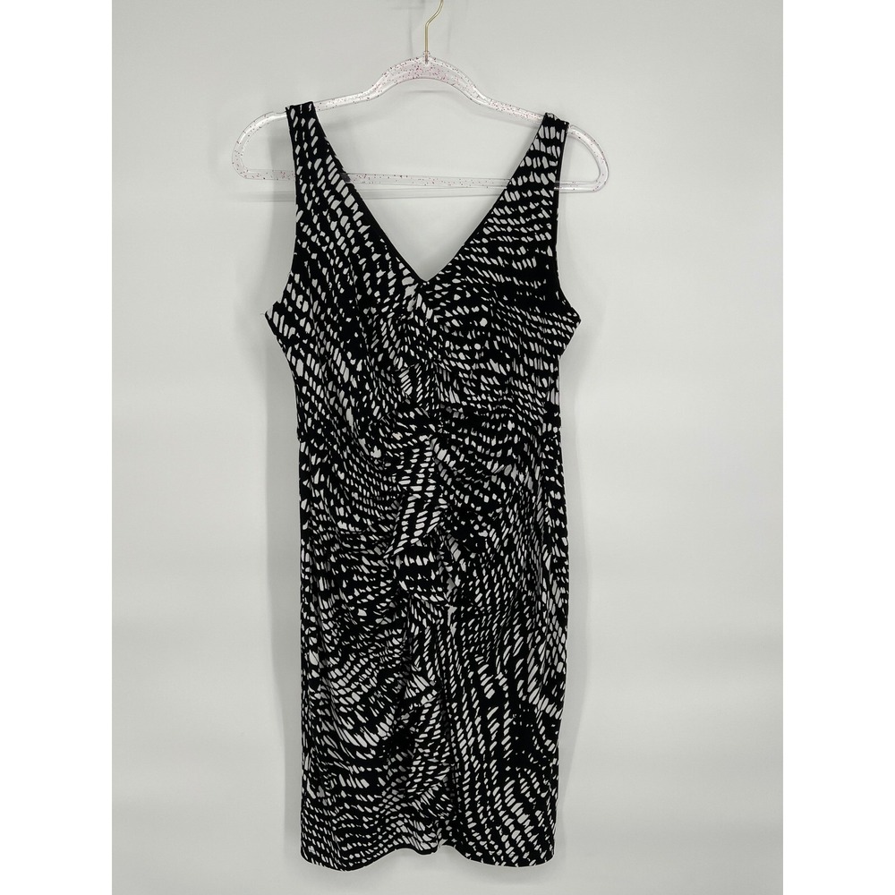 Enfocus Studio Dress Sheath Sleeveless V-Neck Black White Print Size 12